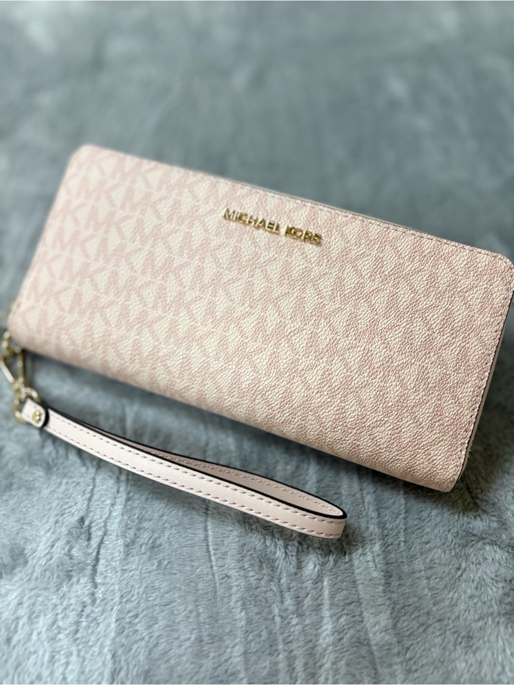 Michael Kors Pink Logo-Print Wristlet Clutch with Gold Hardware